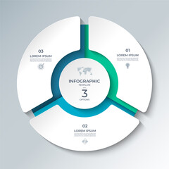 Vector infographic template featuring a modern, 3D-style circular layout divided into 3 steps. Ideal for presenting business processes, timelines, workflows, marketing steps, or educational content.