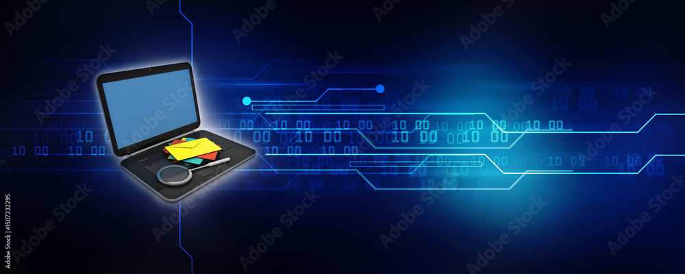 Poster 3d rendering laptops with mail envelops