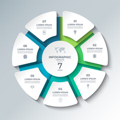 Vector infographic template featuring a modern, 3D-style circular layout divided into 7 steps. Ideal for presenting business processes, timelines, workflows, marketing steps, or educational content.