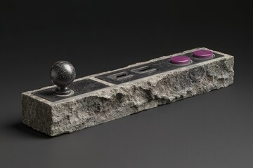 Unique stone gaming controller designed with a classic joystick and colorful buttons