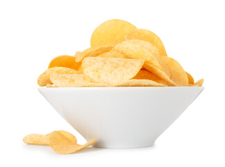Tasty chips in bowl isolated on white