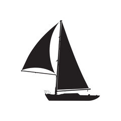 A black and white of a sailboat with a sail on it Silhouette white Background.