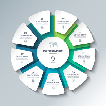 Vector infographic template featuring a modern, 3D-style circular layout divided into 9 steps. Ideal for presenting business processes, timelines, workflows, marketing steps, or educational content.