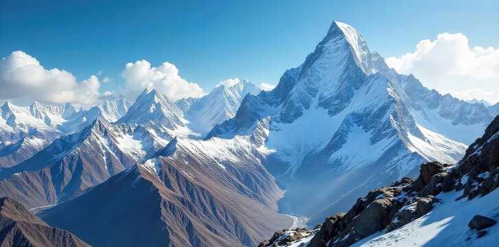 Epic panoramic view of a majestic mountain range, snow-capped peaks piercing a vibrant blue sky Rugged terrain, challenging ascent, breathtaking scenery, inspiring wilderness , impressive, horizon - Powered by Adobe