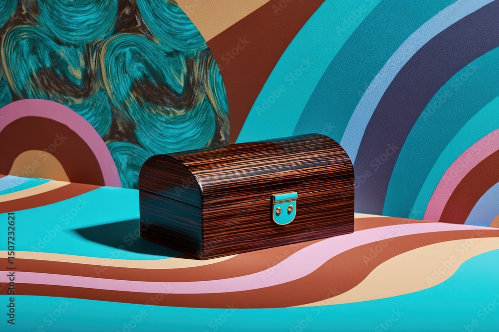 Poster wooden treasure chest displayed against a vibrant abstract background with colorful patterns in a mo