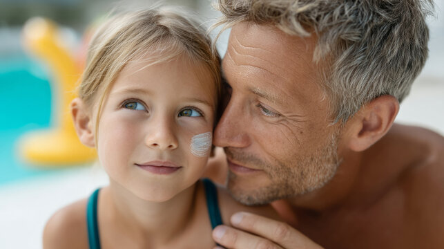 Father applying sunscreen to daughter by the poolside on a sunny day - Powered by Adobe