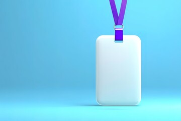Obraz premium Blank identification card with purple lanyard hanging against a blue background showcasing simplicity and versatility in design