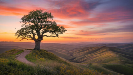 Majestic oak tree standing alone on a hillside silhouetted by a vivid sunset sky