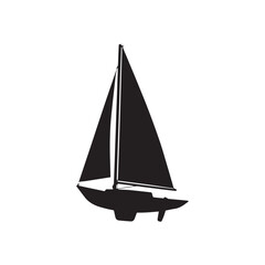 A black and white of a sailboat with a sail on it Silhouette white Background.