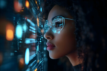 Woman looking at a holographic display.