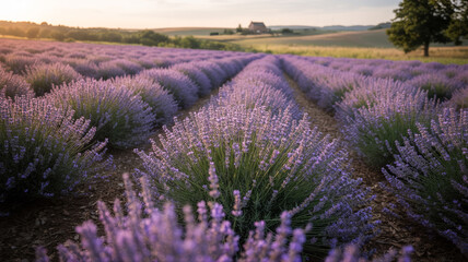 Obraz premium Majestic rows of lavender plants bathed in golden sunset light at scenic meadow