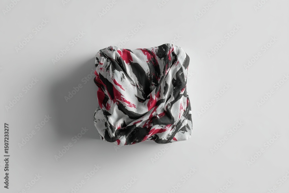 Poster textured fabric with abstract patterns in bold black and red resting on a light background