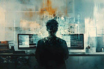 Silhouette of a person working at a computer, surrounded by digital data.