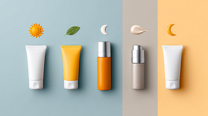 Flat lay skincare routine transition from day to night with creams and sunscreen