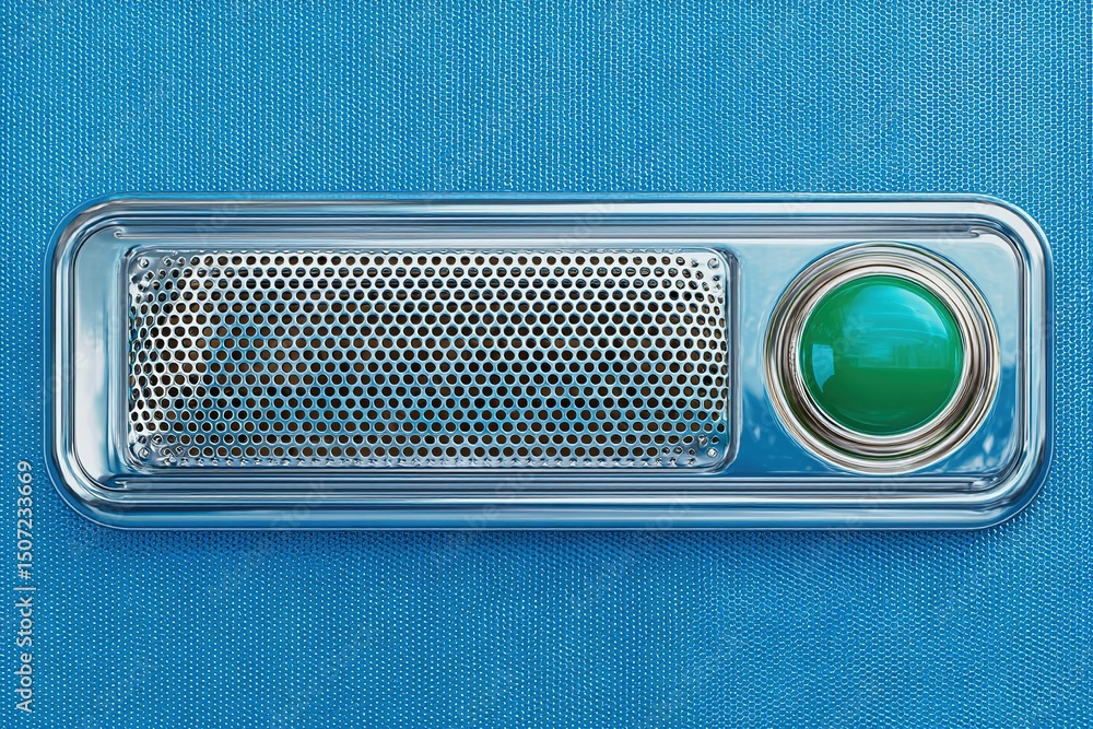 Poster close-up view of a modern control panel with mesh speaker and green indicator light against a blue b