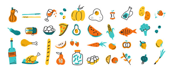 Set of Local food, Farmer's market concept. Street food market booth with vegetables and fruits, logo for groceries, agriculture stores, packaging and advertising.