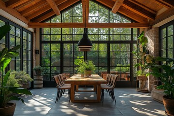 Fototapeta premium Bright cozy orangery installation with large windows, wooden ceiling, plants, dining table. Concept of orangery installation emphasizes renovation, tranquility, and natural light.