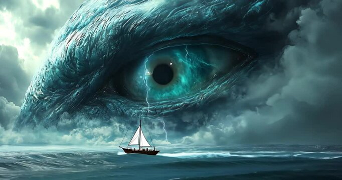 A small sailboat sails a stormy sea beneath the watchful eye of a colossal sea creature.