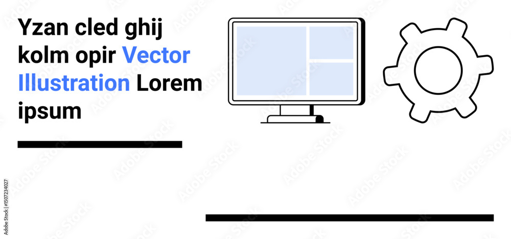 Poster computer monitor displaying grid layout alongside gear mechanism symbolizing system operations and c