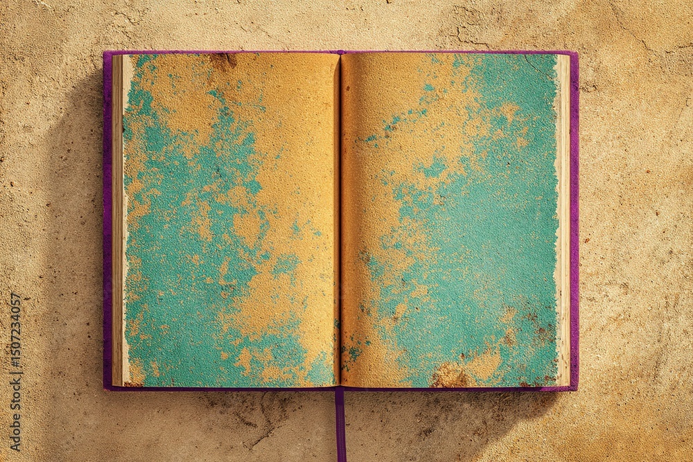 Poster open book with textured pages resting on a worn surface in warm light