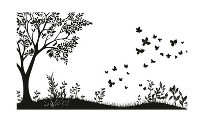 Hand-drawn Black Tree, Autumn Prairie Landscape, Wild Tree Silhouette, Rural Scene Elements, Tree Clipart, Ash Tree, Vector Illustration, woodland graphic, transparent background.