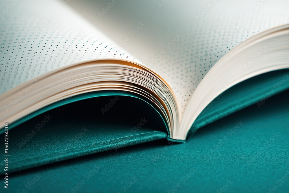 Poster close-up view of an open book on a teal surface showcasing its textured pages and binding