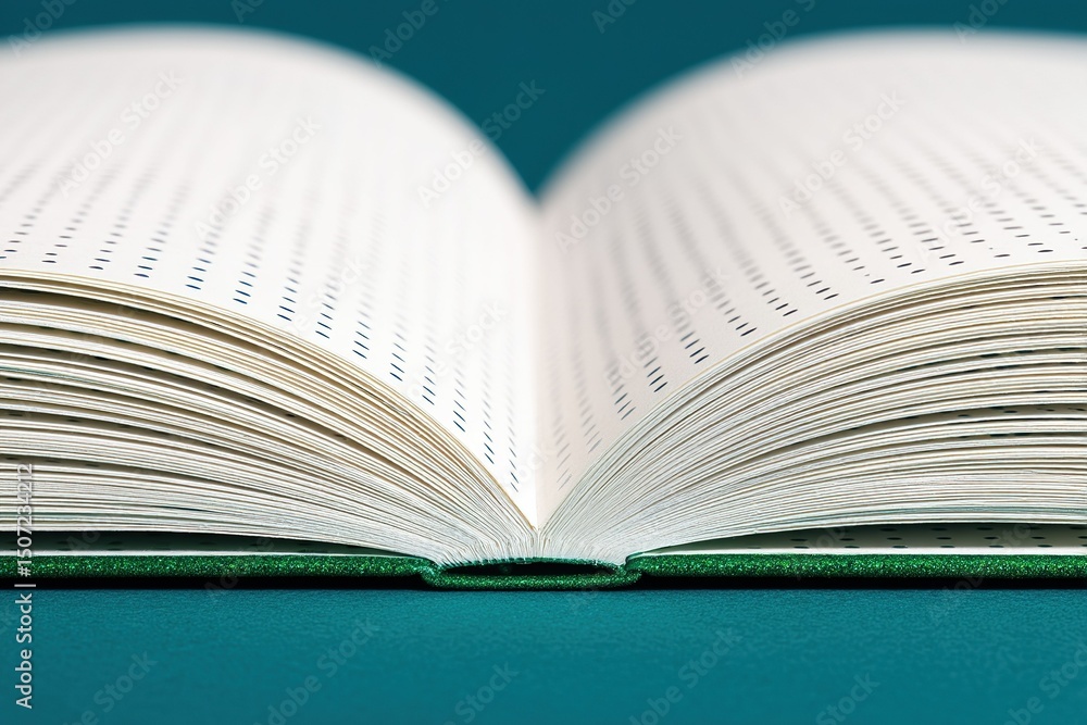 Poster open book displaying blank pages with dotted lines on a green surface, providing a minimalist aesthe