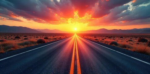 Endless asphalt ribbon stretches towards a vibrant sunset horizon, promising adventure and the open road Perfect for travel, wanderlust, and freedom themes , vibrant, picturesque