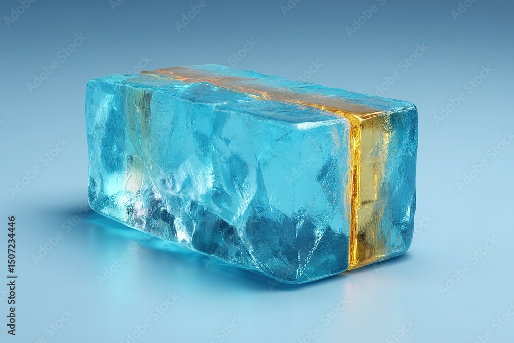 Poster vibrant blue ice block with a golden line resting against a smooth surface