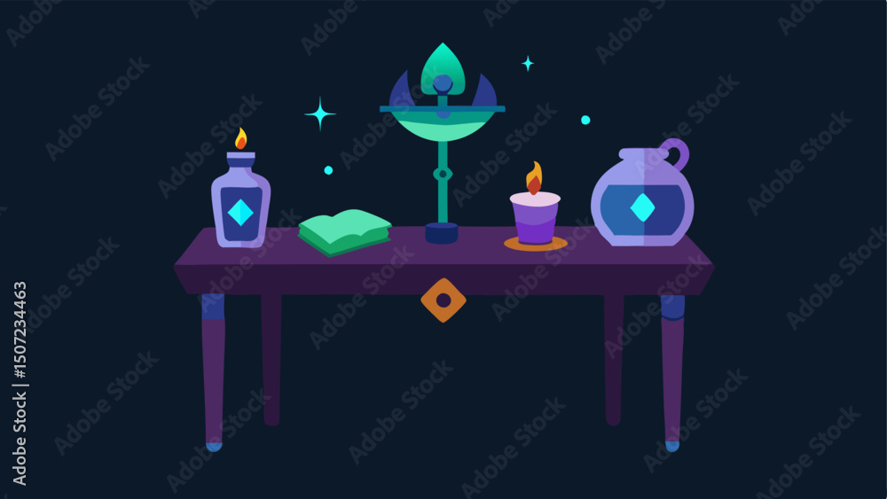 Poster enchanted sale table a table filled with enchanted items glowing with magical effects each with a si