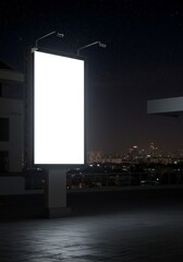 Blank Billboard at Night in Urban Cityscape with Illuminated Windows