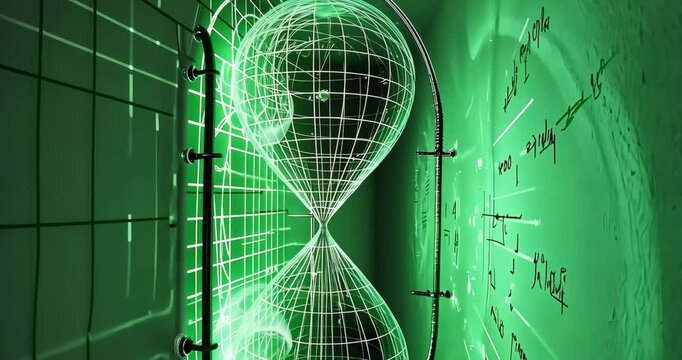 A glowing green hourglass with grid lines hangs on a wall with projected formulas.