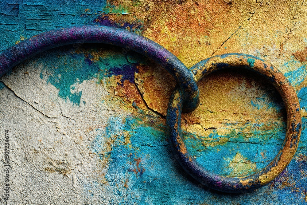 Poster unique abstract art piece featuring colorful textures and a metallic loop, showcasing creativity and