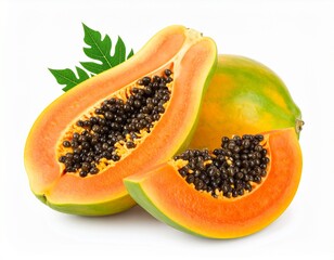 白背景に孤立した複数個のパパイヤの断面