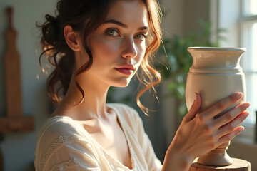 Cute dark-haired young woman sculpts a vase out of clay