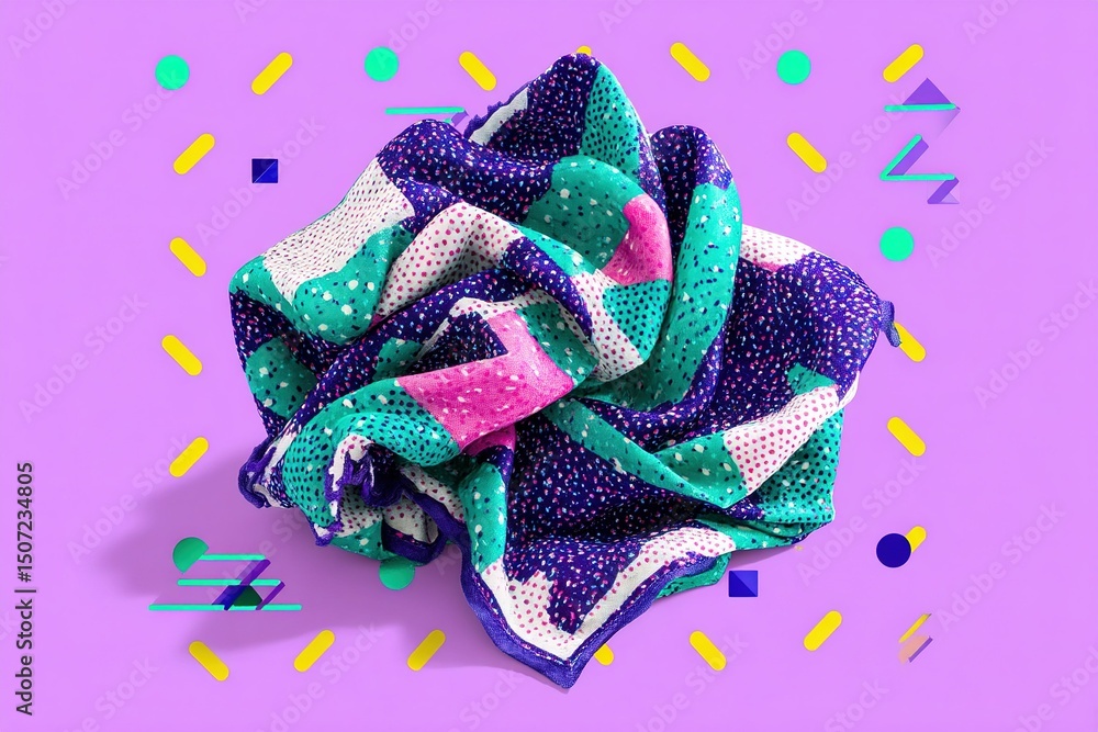 Poster colorful patterned fabric displayed on a vibrant purple background with geometric shapes and playful