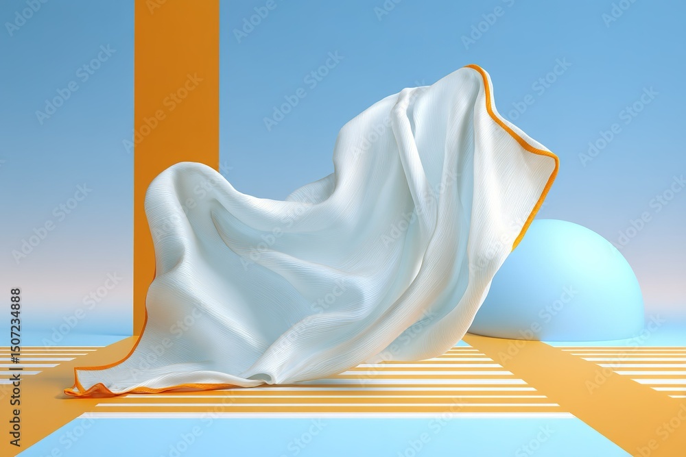 Poster abstract composition featuring draped fabric and geometric shapes in a minimalistic setting