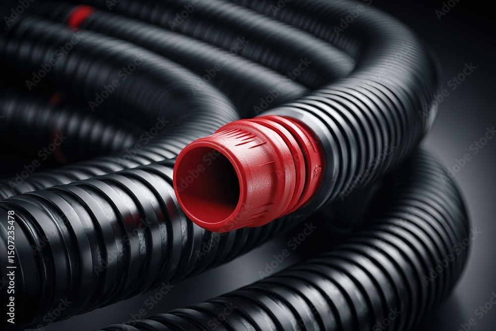 Poster flexible black rubber hoses with red connectors arranged in a spiral pattern on a dark background