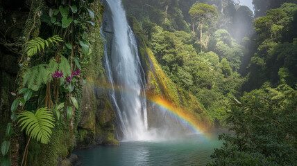 Majestic waterfall cascading through lush tropical rainforest with a vibrant rainbow display