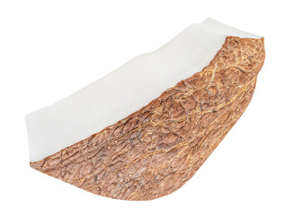 Isolated Coconut piece falling on white background. Flying Coconut broken piece. Levitating Coco nut chunk  Top view. Flat lay.