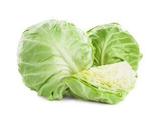Fototapeta premium Whole and cut cabbages isolated on white