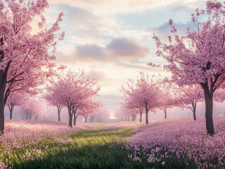 Obraz premium Delicate cherry blossoms adorn the tranquil countryside orchard, filling the air with sweet fragrance as the sun shines brightly on this peaceful spring day, inviting all to enjoy nature's beauty