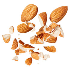 Isolated Almonds. levitating almond nuts on white background.  Falling crushed almonds nuts. Cracked Almonds is torn to pieces explosion.
