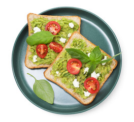 Delicious sandwiches with avocado, tomatoes, basil and cheese isolated on white, top view