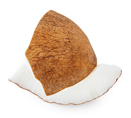.Isolated Coconut pieces on white background. Tropical Coconut broken pieces.  Coco nut chunk  Top view. Flat lay.