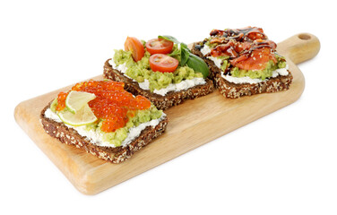 Different delicious avocado sandwiches isolated on white