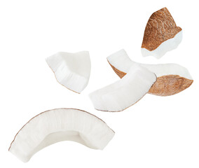 Levitating Coconut chunks isolated on white background. Broken coconut pieces  explotion. Coco nut  collection.  Top view. Flat lay. Pattern .