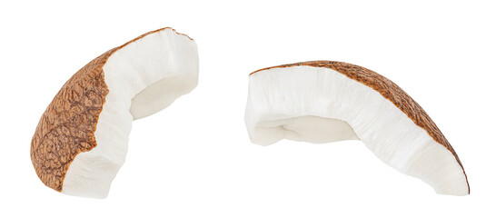 Isolated Coconut pieces falling on white background. Flying Coconut broken pieces. Coco nut chunks  Top view. Flat lay. Package design elements..