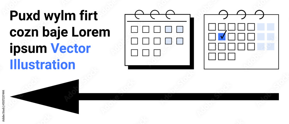 Poster calendar grid showing selected dates and completion checkmark beside bold arrow. ideal for planning,