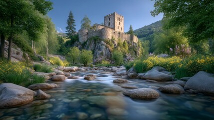 Serene Castle River Landscape  Majestic Fortress  Flowing Water  Tranquil Nature